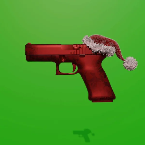 Félkezű Lőfegyver Karácsonyi Témával Karácsonyi Sapkával Zöld Háttérrel — Stock Fotó