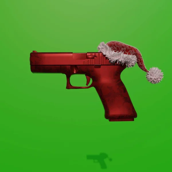 One Handed Firearm Christmas Theme Christmas Cap Green Background — Stock Photo, Image