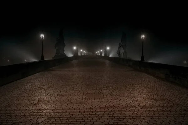 Street Lamps Light Them Old Stone Charles Bridge Night Fog — Stock Photo, Image