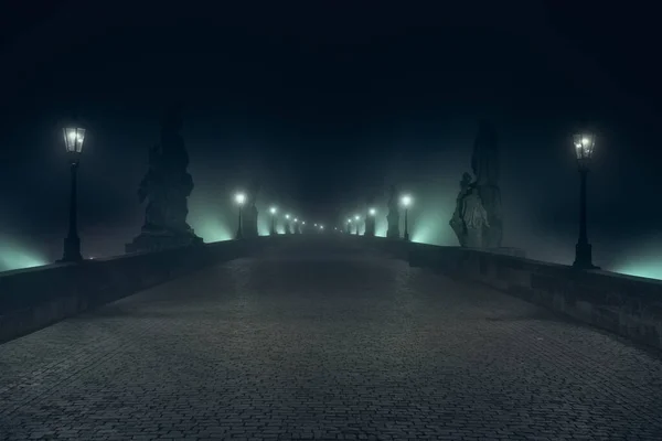 Street Lamps Light Them Old Stone Charles Bridge Night Fog — Stock Photo, Image