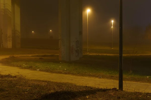 Lampadaires Sous Pont Béton Dans Brouillard Dans Ville Prague Nuit — Photo