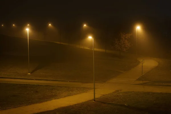 Lampadaires Sous Pont Béton Dans Brouillard Dans Ville Prague Nuit — Photo