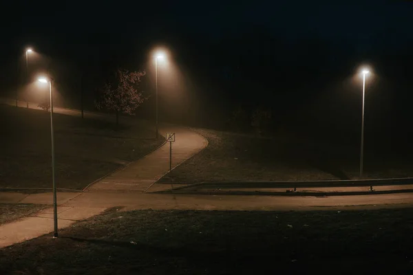 Lampadaires Sous Pont Béton Dans Brouillard Dans Ville Prague Nuit — Photo