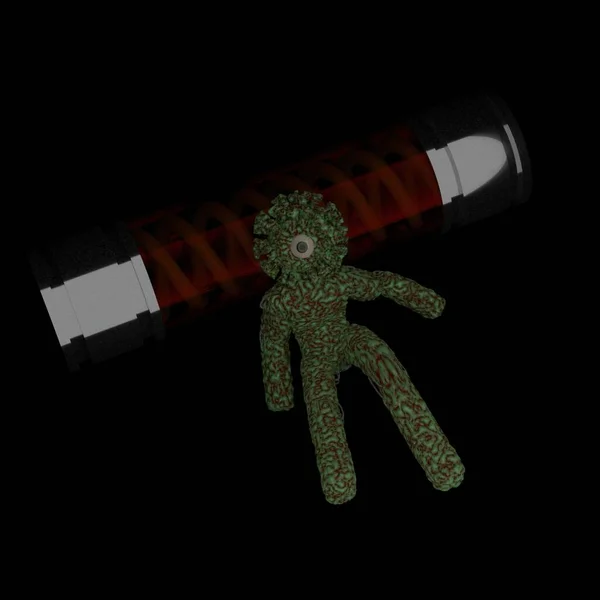 Ilustrace Virové Buňky Zraněného Charakteru Pozadí Jsou Skleněné Průhledné Trubice — Stock fotografie