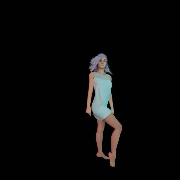 身穿蓝色头发的年轻性感女性 站在照相馆的灯光下 摆出一副深色背景3D插图 摆出一副性感的姿势 — 图库照片