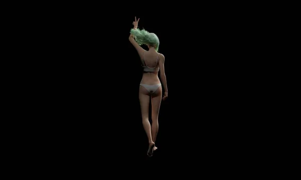 年轻而漂亮的女人 拥有一头绿色头发的运动形象 在灯光下和深色背景下在内衣3D插图中摆出姿势 — 图库照片