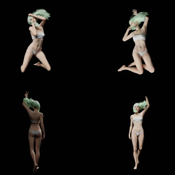 Conjunto Figuras Esbeltas Femininas Com Verdes Cabelo Lingerie Com Uma — Fotografia de Stock