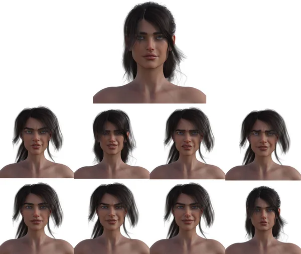 Conjunto Cabeças Femininas Com Rostos Cabelos Com Diferentes Expressões Emoções — Fotografia de Stock
