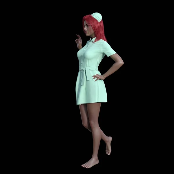 成熟的漂亮女人 红头发 身穿绿色连衣裙 护士在深色背景下摆姿势 3天插图 — 图库照片