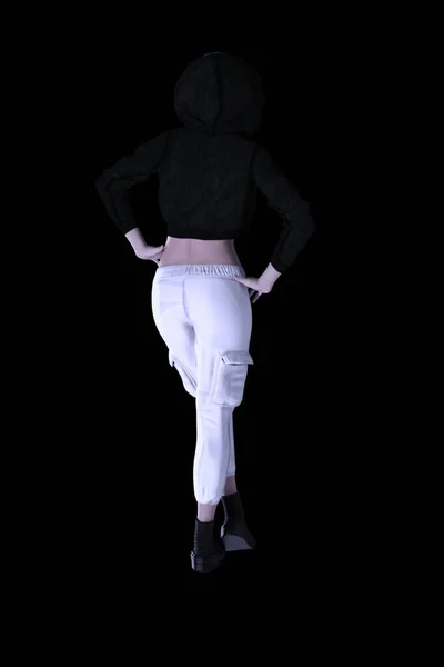 スウェットシャツを着た豪華な若い女性とパーカーのポーズ白い背景3Dイラスト — ストック写真