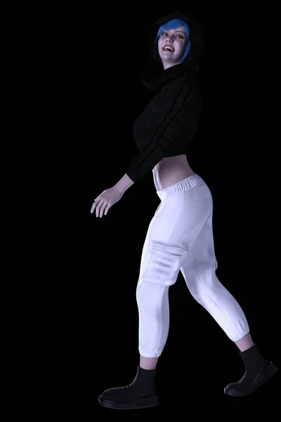 身穿运动衫和帽衫的年轻貌美女子在白色背景3D插图上的姿势 — 图库照片