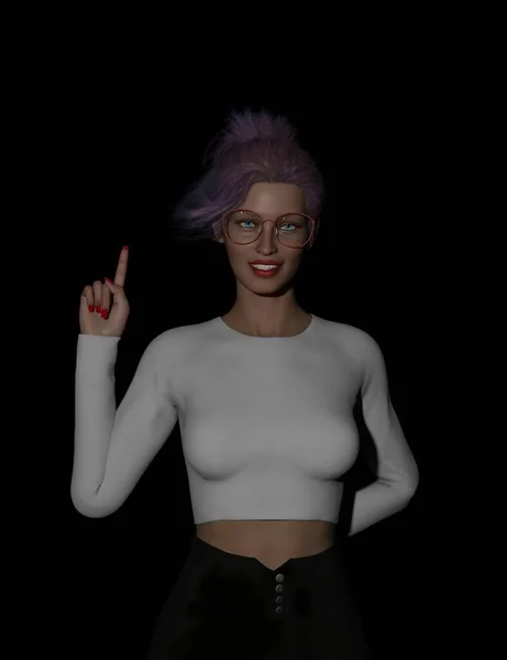 眼鏡と紫色の髪のポーズをした豪華な若い大人の女性は 白い背景に指の数を示しています 3Dイラスト — ストック写真