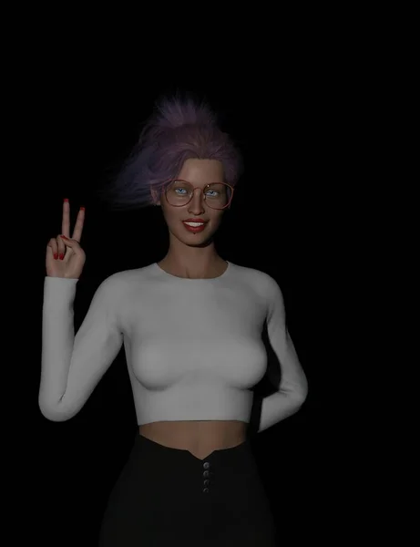 眼鏡と紫色の髪のポーズをした豪華な若い大人の女性は 白い背景に指の数を示しています 3Dイラスト — ストック写真