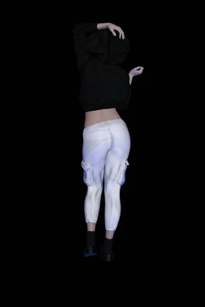 スウェットシャツを着た豪華な若い女性とパーカーのポーズ白い背景3Dイラスト — ストック写真