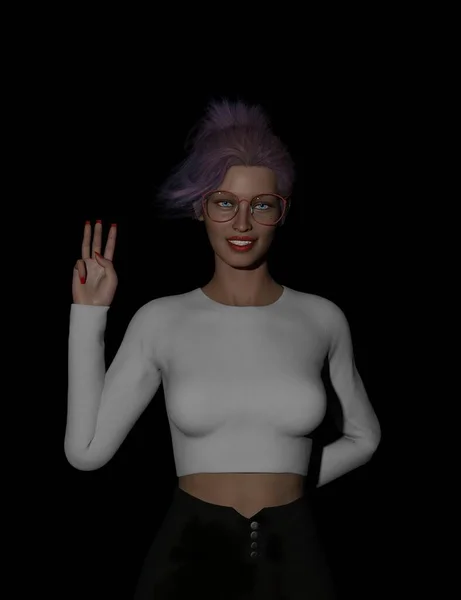 漂亮的年轻女性 戴着眼镜 一头紫色的头发 在白色的背景上摆出手指号码 3D插图 — 图库照片
