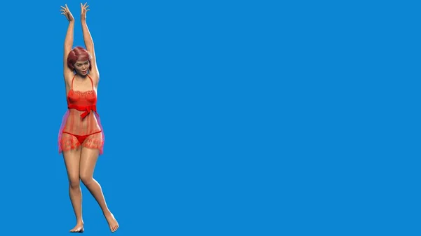 Великолепная Взрослая Девушка Красной Ночной Рубашке Рыжие Волосы Синем Фоне — стоковое фото