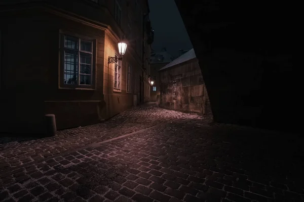 Snowy Street Center Prague Night 2021 — Stock Photo, Image