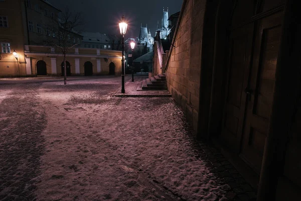 Snowy Ulicy Centrum Pragi Nocy 2021 — Zdjęcie stockowe