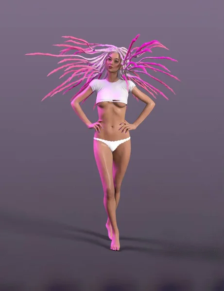 Prachtig Volwassen Vrouw Mode Model Met Roze Haar Poses Witte — Stockfoto