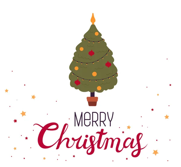 Üzerinde "Mutlu Noeller" yazan klasik minimalist kart. Beyaz arkaplanda izole edilmiş bir Noel ağacı resmi olan yazı. — Stok Vektör