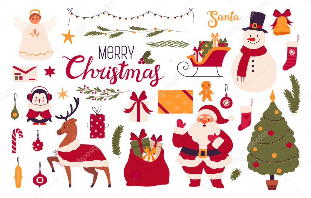 Large set of decorative elements for Christmas and New Year s theme. Cute retro sleigh, Santa Claus, snowman and other isolated on white background objects. Cartoon vector illustration.