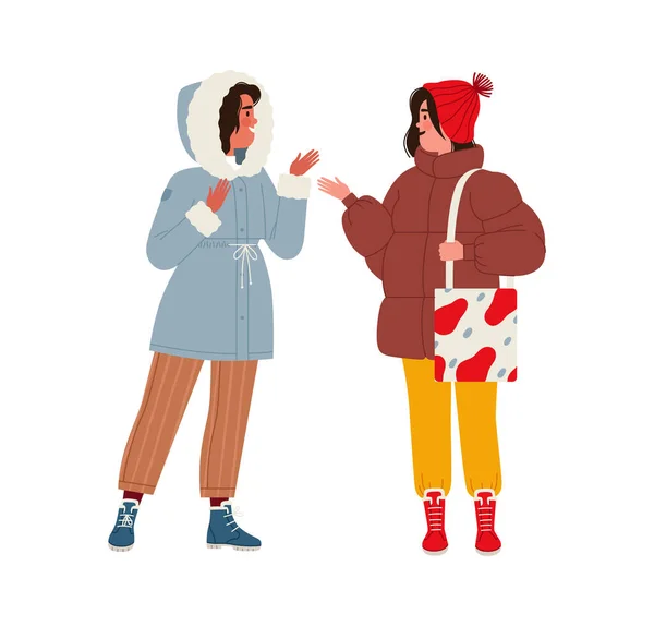 Dwie kobiety lub dziewczęta w nowoczesnych strojach zimowych witają się i rozmawiają. Spotkanie dwóch byłych dziewczyn w zimie na ulicy — Wektor stockowy