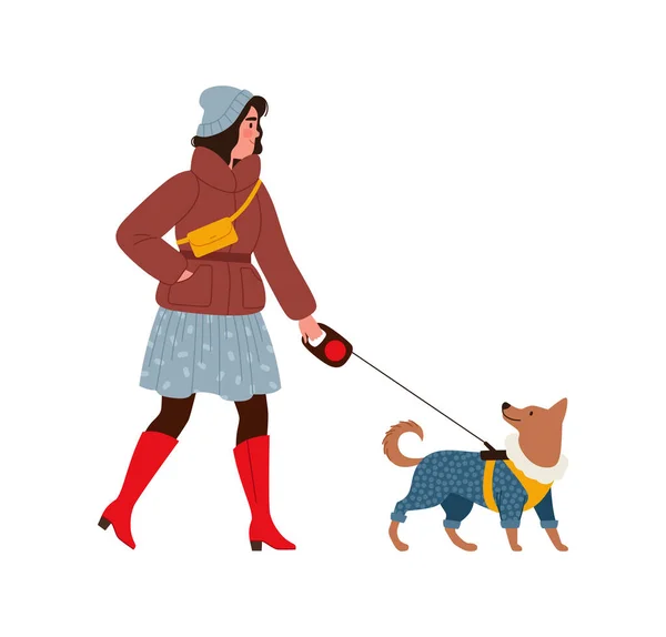 A mulher jovem na roupa de inverno na moda anda um cão em uma jaqueta em uma coleira. Uma menina de botas vermelhas, uma saia e uma jaqueta em um passeio com um animal de estimação na temporada de inverno —  Vetores de Stock