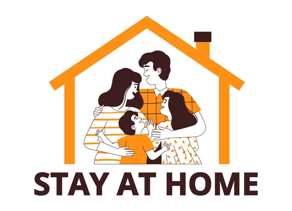 Cartaz pedindo que você fique em casa para se proteger do novo coronavírus COVID-2019. Uma família com filhos está em quarentena em casa . —  Vetores de Stock