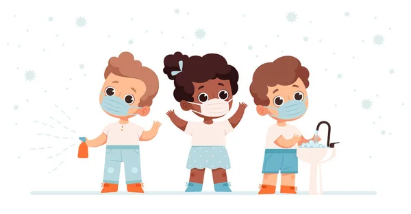 Kleine kinderen met medische maskers worstelen met het coronavirus. Baby wassen en desinfecteren handen. Begrip bescherming van kinderen tegen virale ziekten — Stockvector