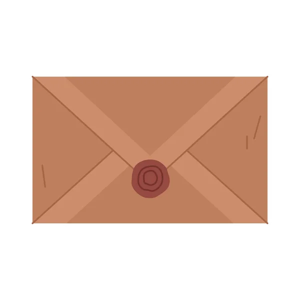 Old brown parchment paper envelope with a red wax seal with an embossed seal. Image of a postal letter in a retro or antique style — Stock Vector