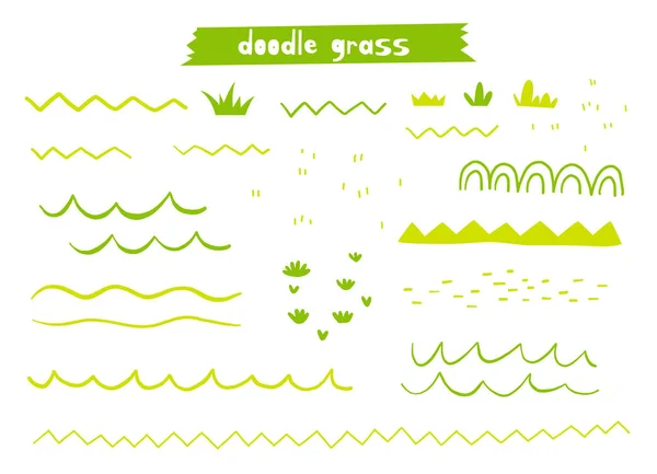 Ensemble d'herbe colorée drôle dans le style de croquis pour enfants. herbe doodle élégant simple dans différents styles — Image vectorielle