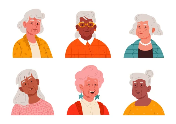 Egy sor portré karizmatikus idős nőkről stílusos vintage ruhákban, ékszerekben vagy szemüvegekben és retro frizurákban. Aranyos nagymamák ruha divatosan és viselni tartozékok, pózol a fotó — Stock Vector