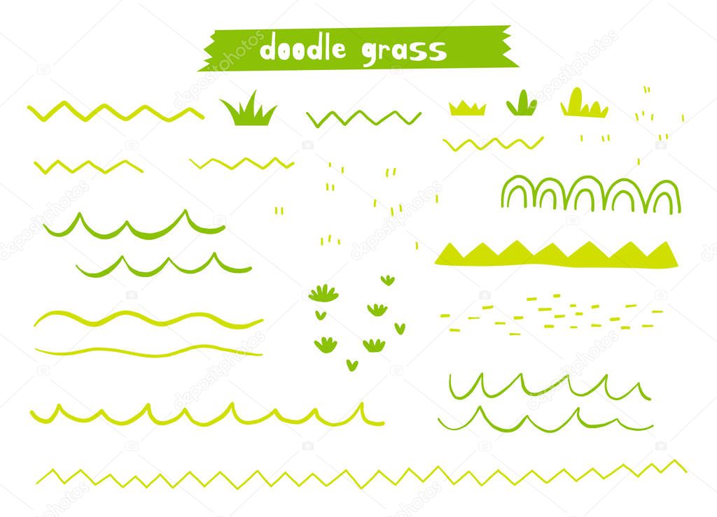 Set of funny colorful grass in childrens sketch style. Simple stylish doodle grass in different styles