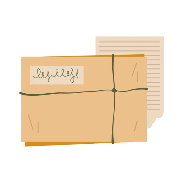 Old brown envelope made of parchment paper tied with green thread. Image of postal letter in retro or antique style — Stock Vector