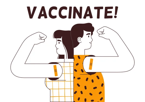 Muž a žena, zády k sobě, hrdě zvednou ruce, aby ukázali očkování. Koncept vakcinace, motivační koronavirový ochranný plakát — Stockový vektor