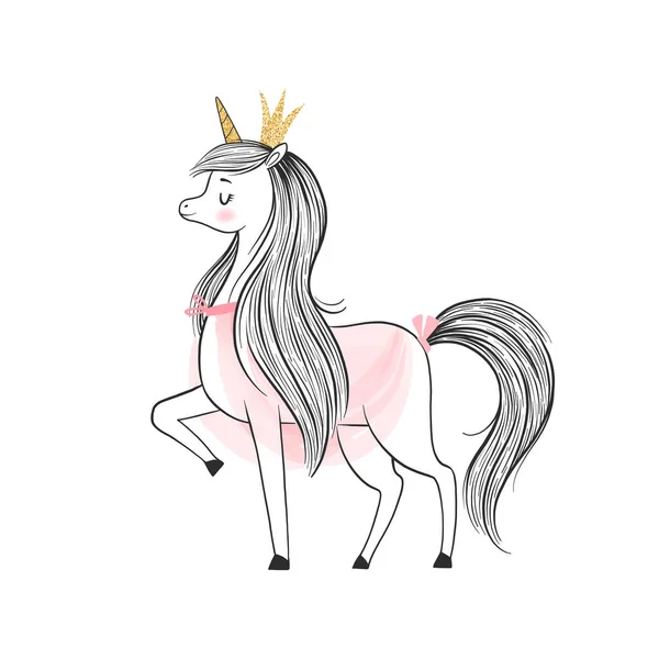 Söt och ovanlig ponny prinsessa i hand dras stil med en gyllene krona och en chic man och svans. Disposition saga häst romantisk och elegant karaktär Royaltyfria illustrationer