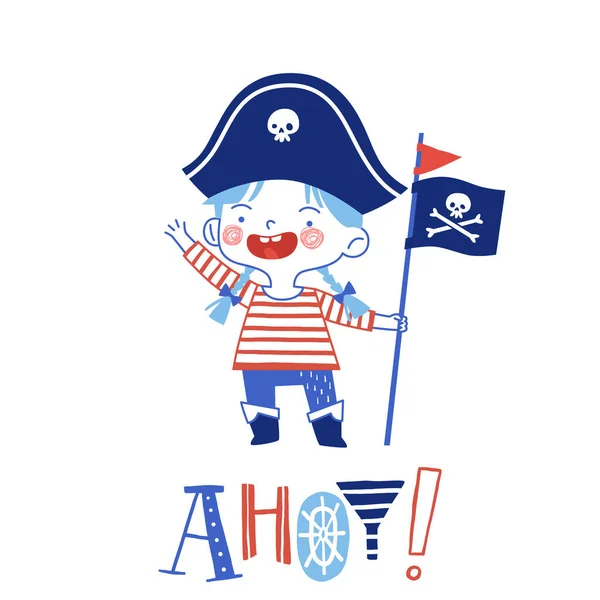 Söt tjej i piratdräkt och en pirathatt står med flagga och skriker piratslogan. Rolig pirat kostym part koncept. Royaltyfria Stockvektorer