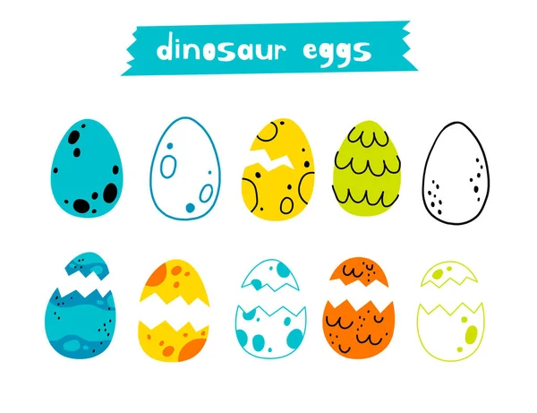 Uppsättning glada flerfärgade dinosaurie eller drake ägg i split eller hela skick. Insamling av föremål i förhistorisk eller saga stil att dekorera och fylla med innehåll Stockillustration