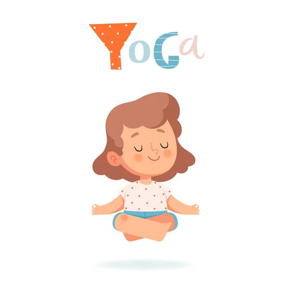 Lilla glada flicka gör yoga och livitates. Barnet har en yogaposition. Begreppet alternativ aktivitet för barn och ungdomar är ett bra sätt att främja hälsan. Stockvektor