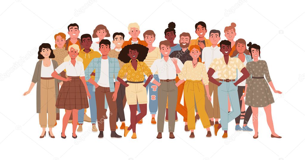 Multiracial and multicultural group of people of different ages stand together and smile. Crowd of different people pose for a photo. Collective portrait