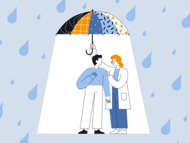 Psikoterapist ya da doktor, yağmurdan korunmak için şemsiyeye ihtiyacı olan kişiyi tedavi eder. Psikolojik yardım veya zihinsel sorunların tedavisi, depresyon, bipolar bozukluk kavramı.