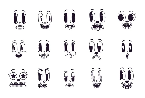 Retro çizgi film maskotu karakterleri komik yüzler. Eski gözler ve ağız animasyon elementleri. Klasik komik gülümseme vektörü seti. Mutlu ve komik ya da üzgün ve kızgın duyguları olan bir duygusal. — Stok Vektör
