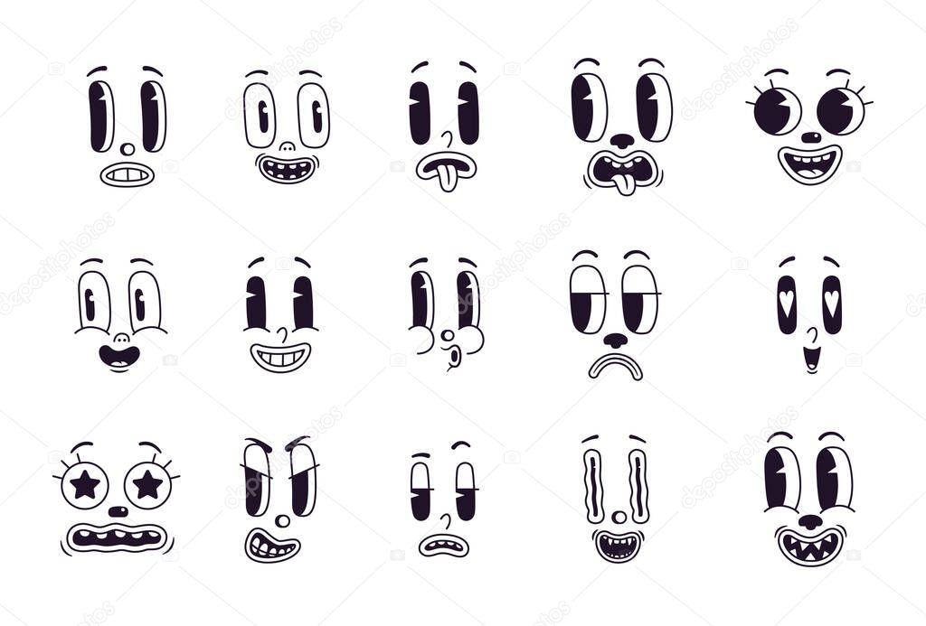 Retro cartoon mascot characters funny faces. Old eyes and mouth animation elements. Vintage comic smile vector set. Emoticon with happy and funny or sad and angry emotions. Flat vector illustration