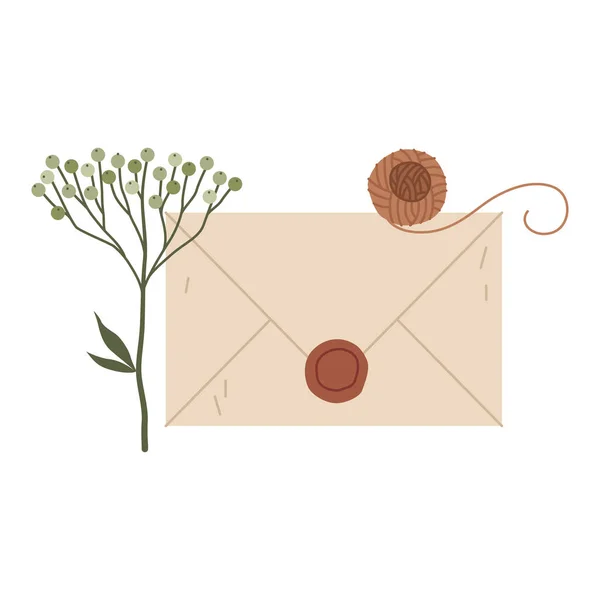 Old brown parchment paper envelope with a red wax seal with an embossed seal. Image of a postal letter in a retro or antique style — Stock Vector