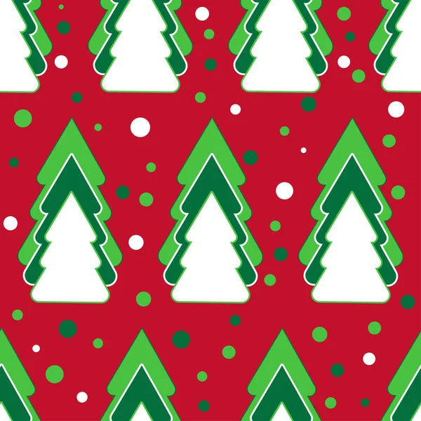 圣诞树无缝图案 五彩斑斓的圣诞树 红色背景 点缀着圆点 漂亮的包装纸 纺织品印花 圣诞快乐 新年快乐 平面矢量图解 — 图库矢量图片