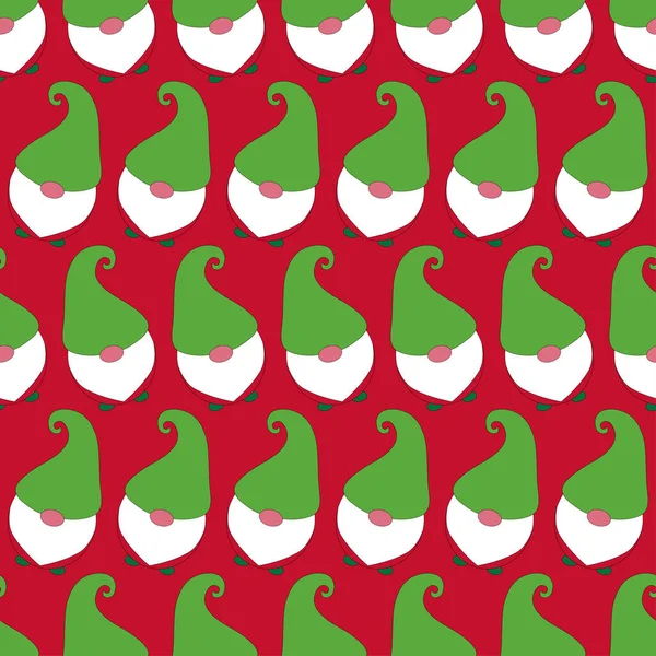 ノームとクリスマスのシームレスなパターン 面白い北欧のノームは赤い背景にあります かわいいラッパー紙 テキスタイルプリント メリークリスマスと幸せな新年 平面ベクトル図 ロイヤリティフリーストックベクター