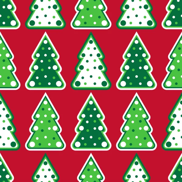 无缝隙的花纹和圣诞树 五彩缤纷的圣诞树 红色背景 漂亮的包装纸 纺织品印花 矢量说明 — 图库矢量图片
