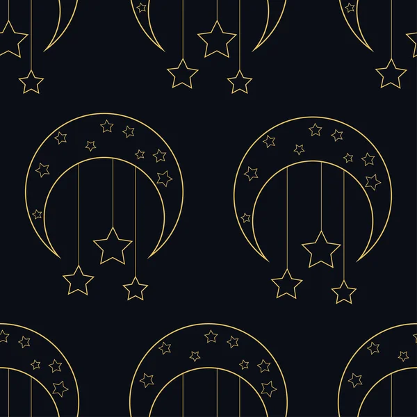 Seamless Pattern Gold Moon Stars Black Background Line Art Vector — Stock Vector