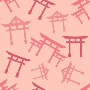 Torii kapı işareti. Japon geleneksel kapı pastel renginde kusursuz bir desen. Japon Shinto dininin sembolü. Kumaş, ambalaj kağıdı, duvar kağıdı, paketleme için dizayn. Vektör illüstrasyonu