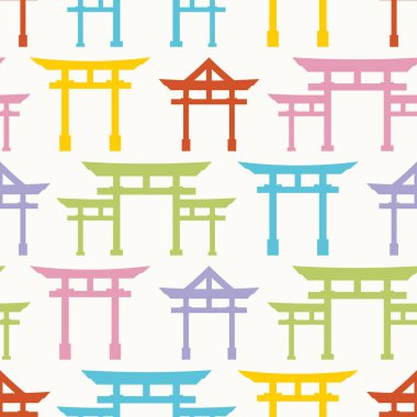 Torii kapı işareti. Kusursuz desenli, beyaz arka planda renkli Japon geleneksel kapısı var. Japon Shinto dininin sembolü. Kumaş ve ambalaj kağıdı üzerine baskı için Asyalı tasarımı. Vektör